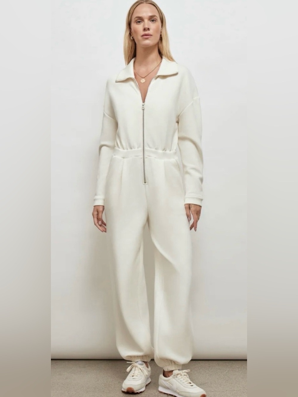 Varley Jessie Cream Zip-Front Long-Sleeve Jumpsuit